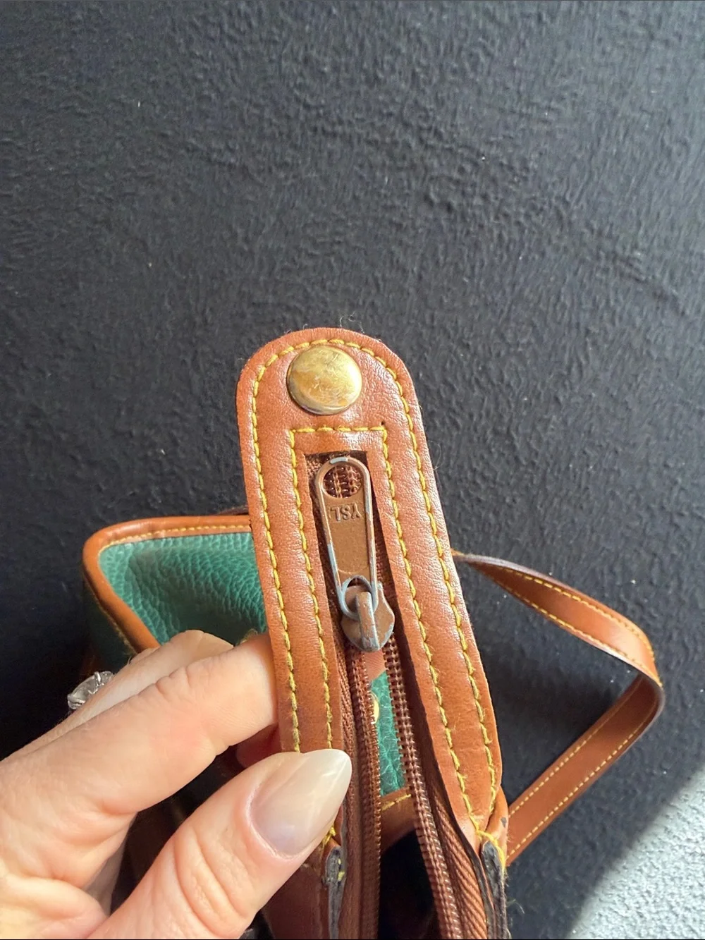 Green and Brown Pebbled Leather Satchel with Top Handle